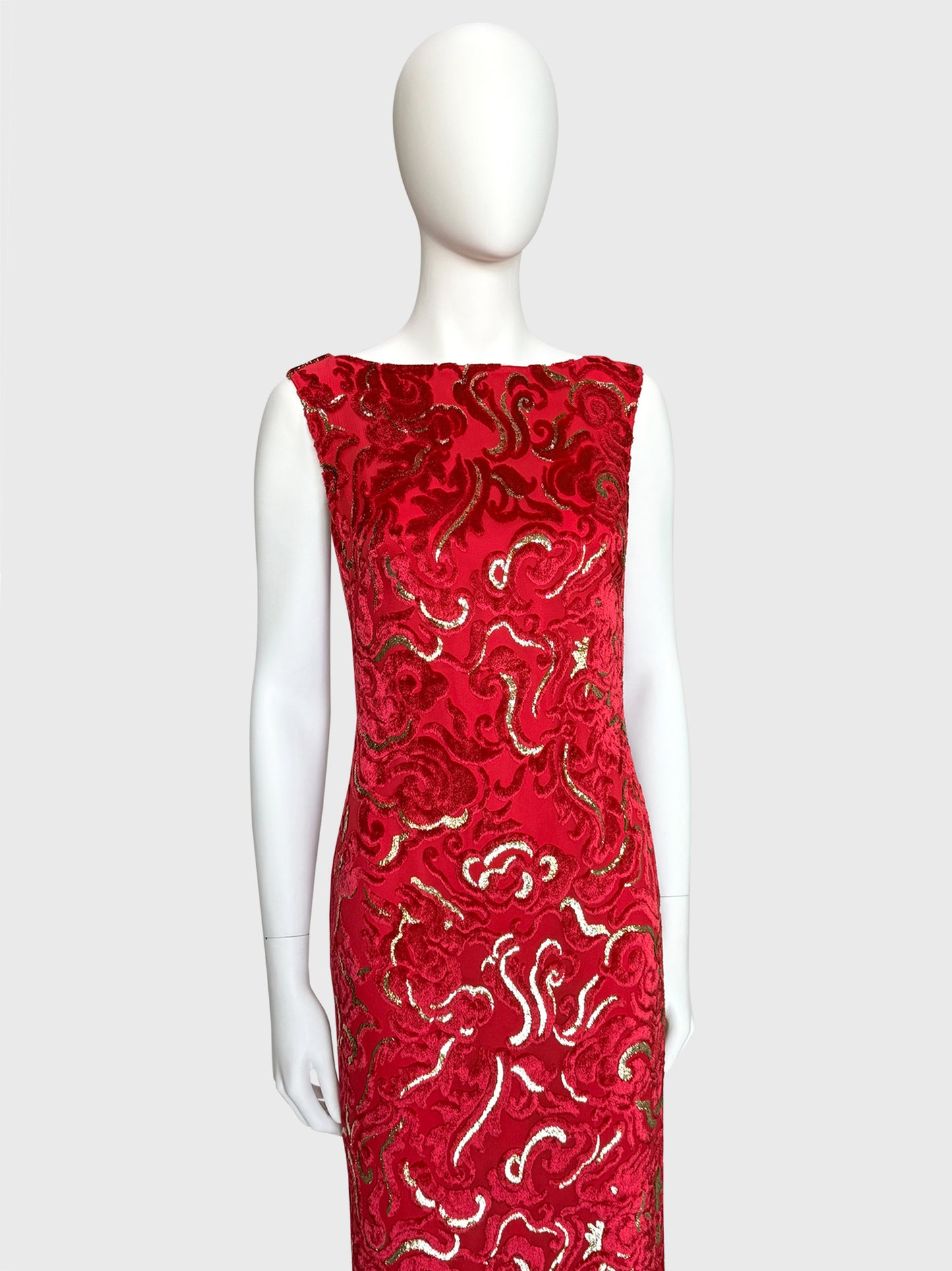 ESCADA 2002 Vintage Ad Campaign Red & Gold Devoré Velvet Evening Gown Size S