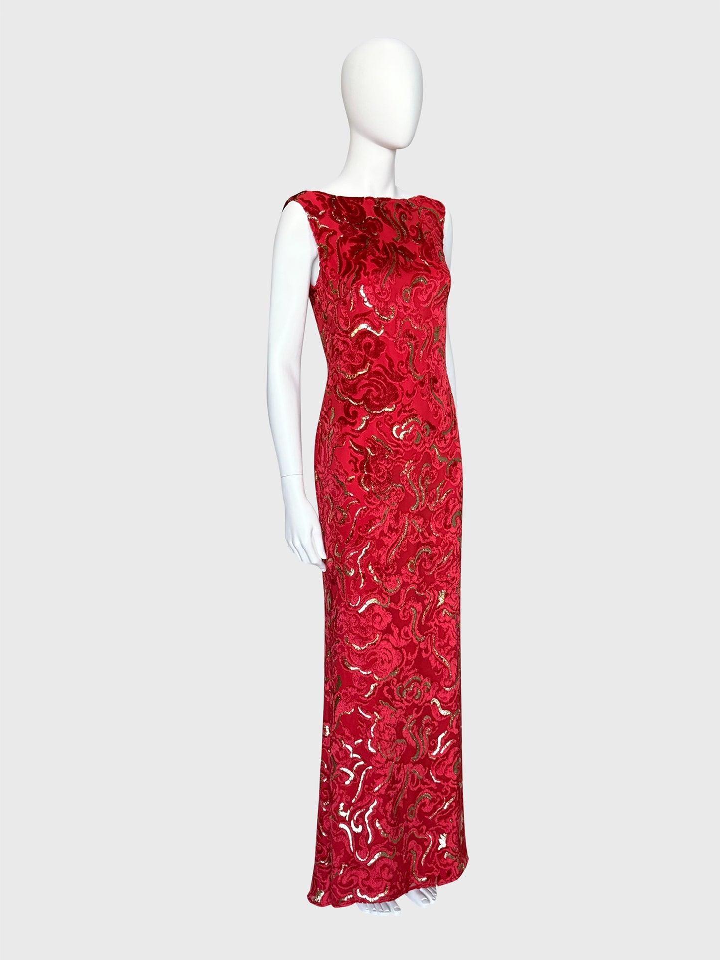 ESCADA 2002 Vintage Ad Campaign Red & Gold Devoré Velvet Evening Gown Size S