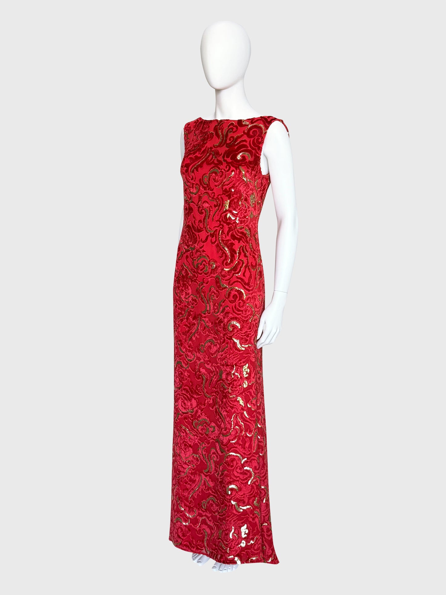 ESCADA 2002 Vintage Ad Campaign Red & Gold Devoré Velvet Evening Gown Size S
