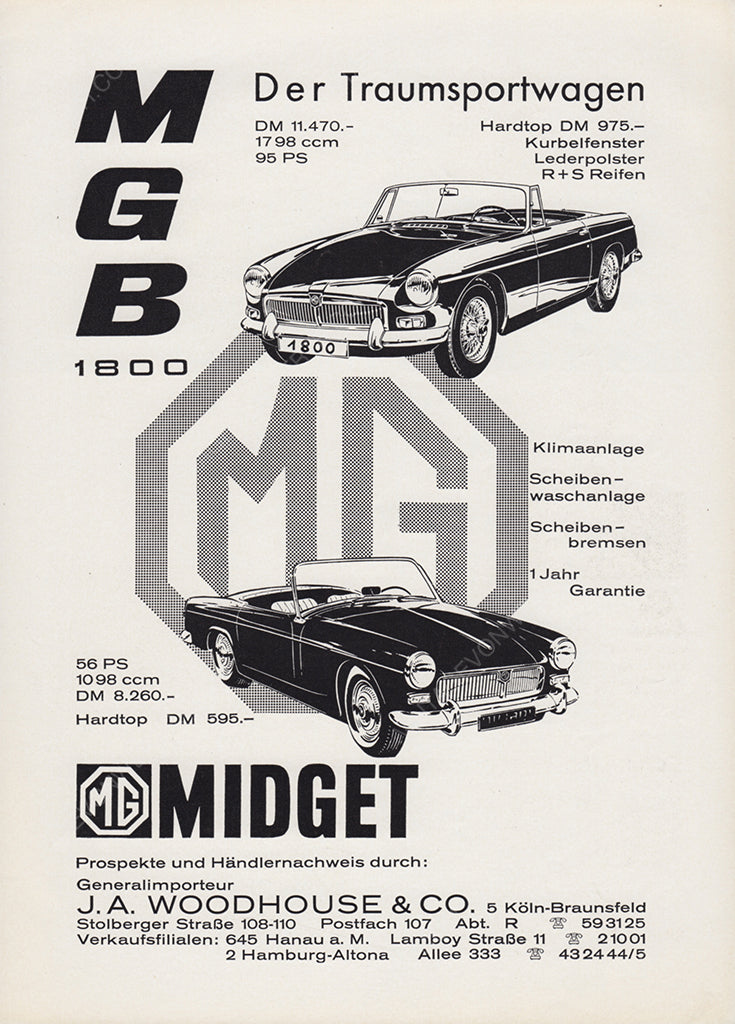 MG 1963 Vintage Print Advertisement 1960s Classic Car Magazine Ad Midget MGB 1800