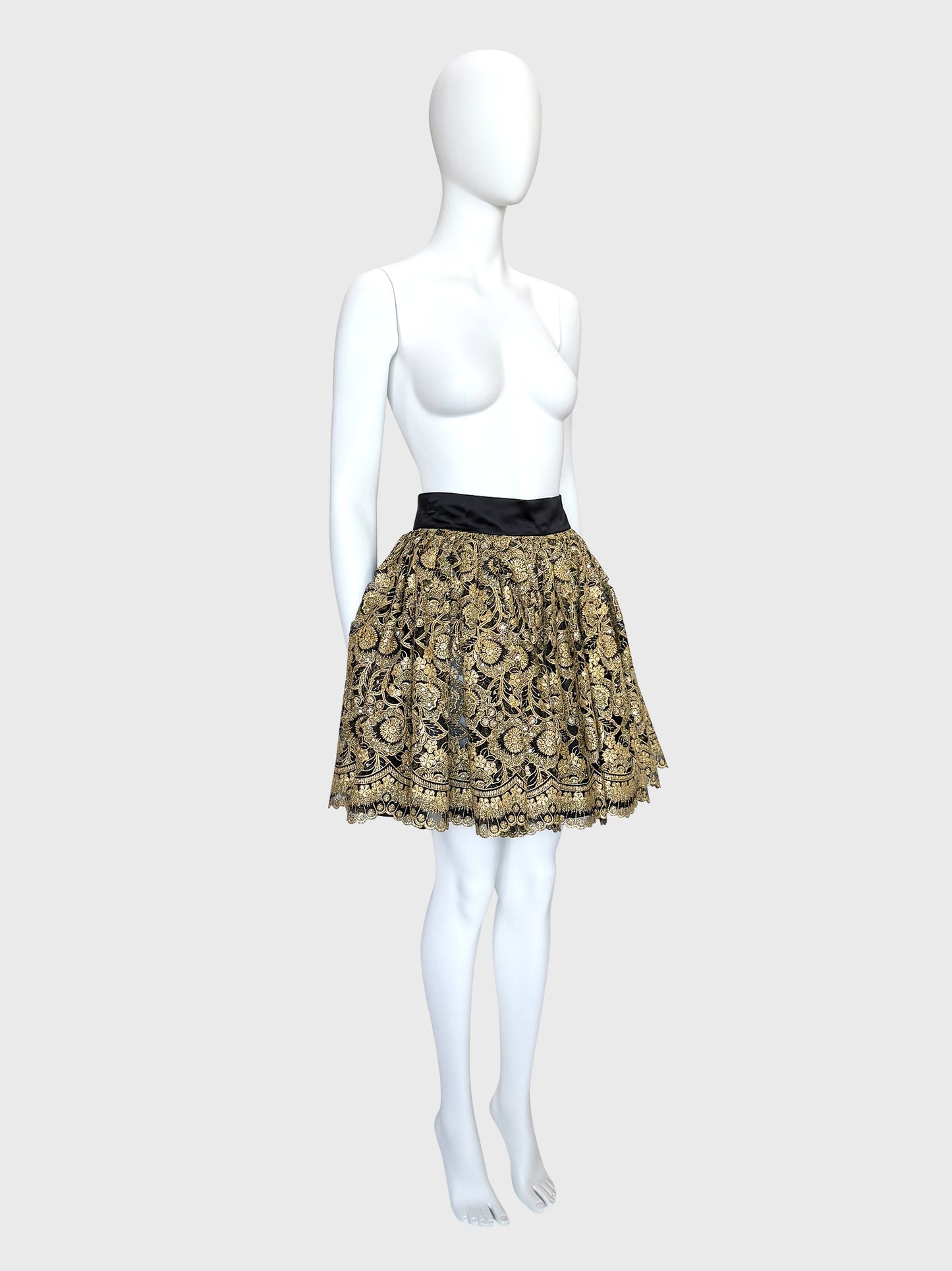 GENNY ORO 1990s 2000s Vintage Gold Lace & Rhinestone Evening Skirt Size S