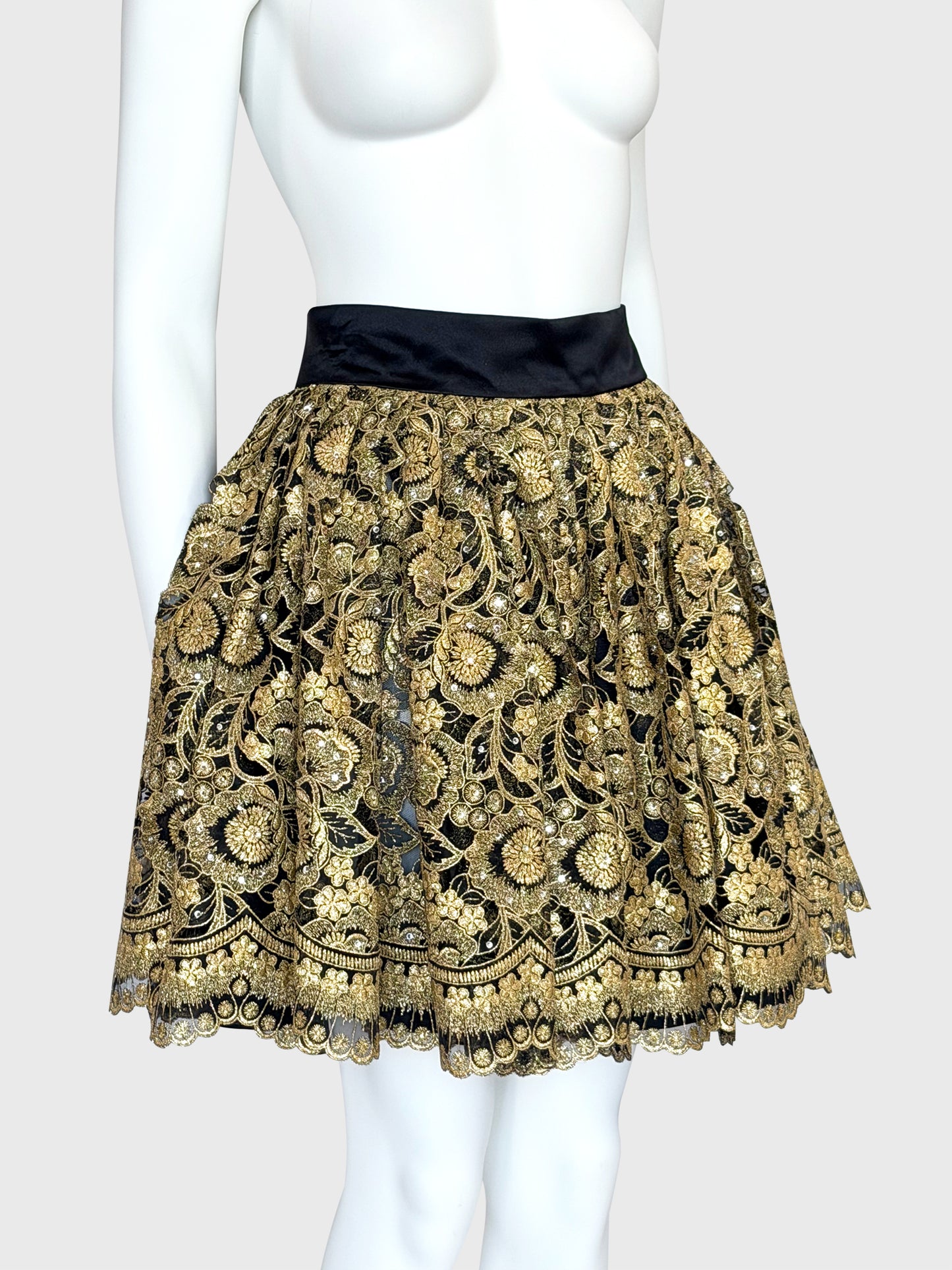 GENNY ORO 1990s 2000s Vintage Gold Lace & Rhinestone Evening Skirt Size S