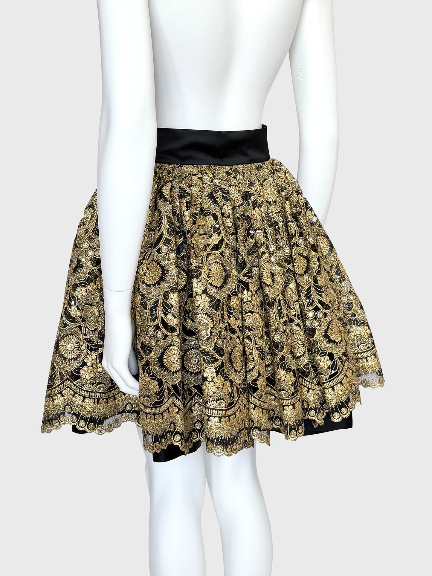 GENNY ORO 1990s 2000s Vintage Gold Lace & Rhinestone Evening Skirt Size S