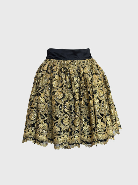 GENNY ORO 1990s 2000s Vintage Gold Lace & Rhinestone Evening Skirt