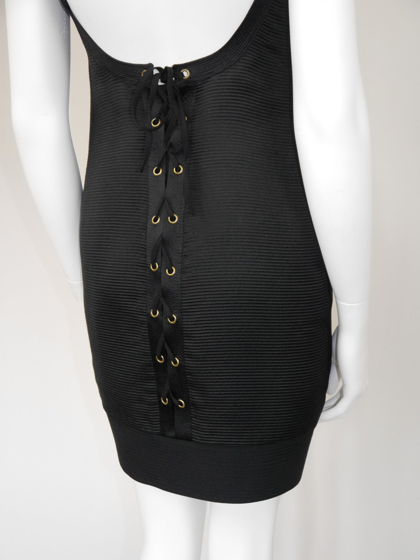 GIANNI VERSACE 1992 Vintage Black Silk Backless Lace-Up Corset Mini Dress Size XS