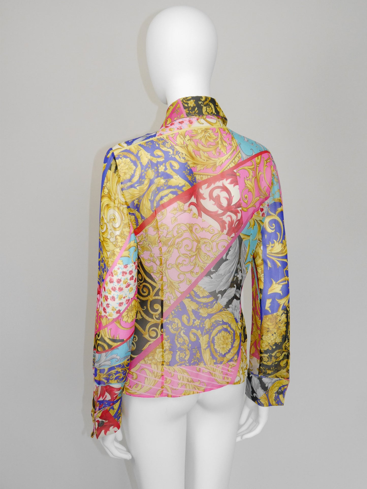 GIANNI VERSACE Couture 2000s Vintage Ruffled Baroque & Floral Silk Blouse Size S-M