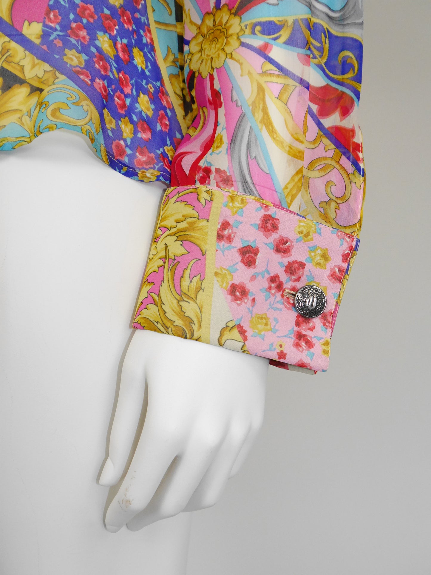 GIANNI VERSACE Couture 2000s Vintage Ruffled Baroque & Floral Silk Blouse Size S-M