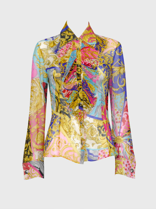 GIANNI VERSACE Couture 2000s Vintage Ruffled Baroque & Floral Silk Blouse Size S-M