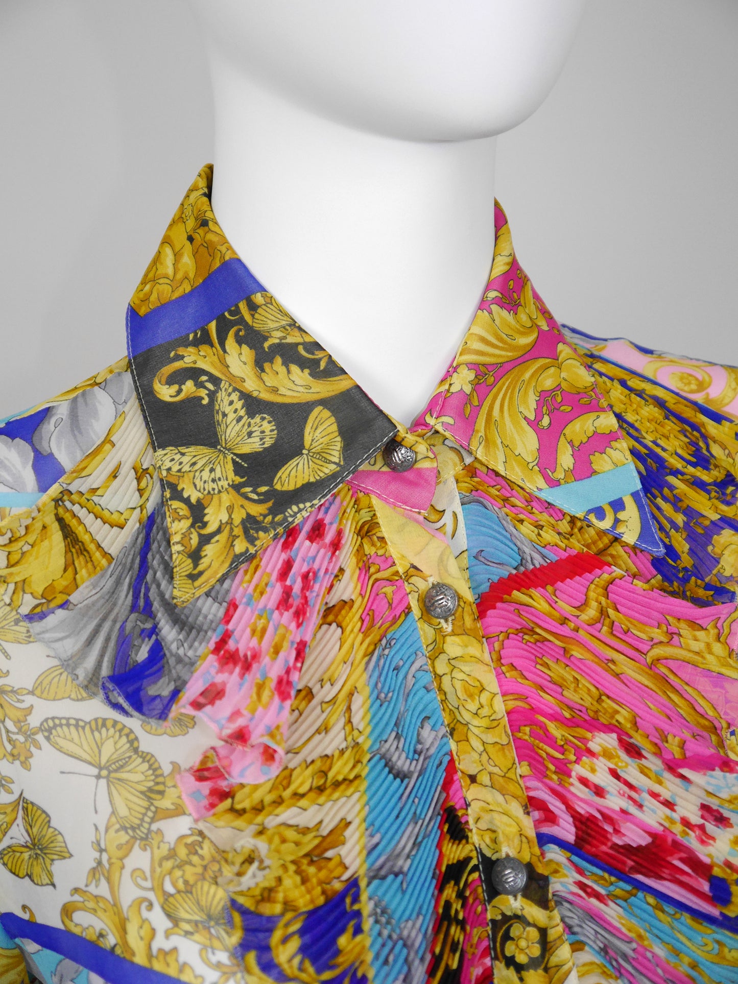 GIANNI VERSACE Couture 2000s Vintage Ruffled Baroque & Floral Silk Blouse Size S-M