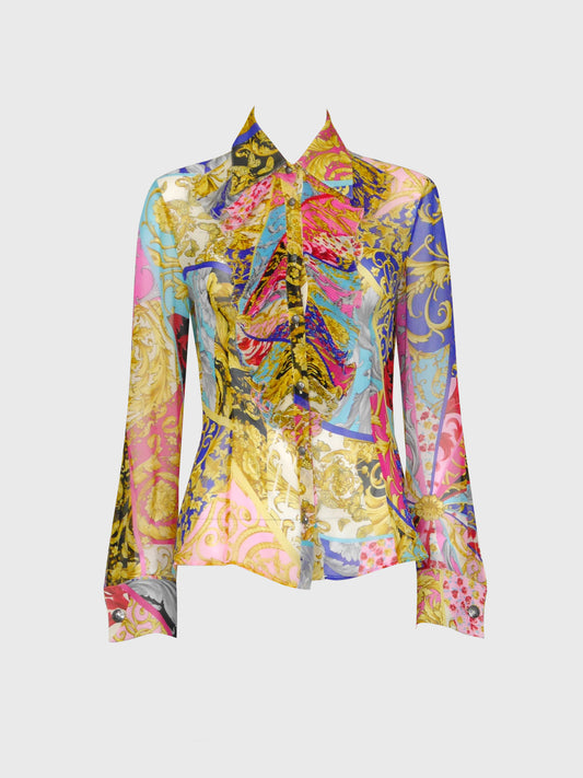 GIANNI VERSACE Couture 2000s Vintage Ruffled Baroque & Floral Printed Silk Blouse Size S-M