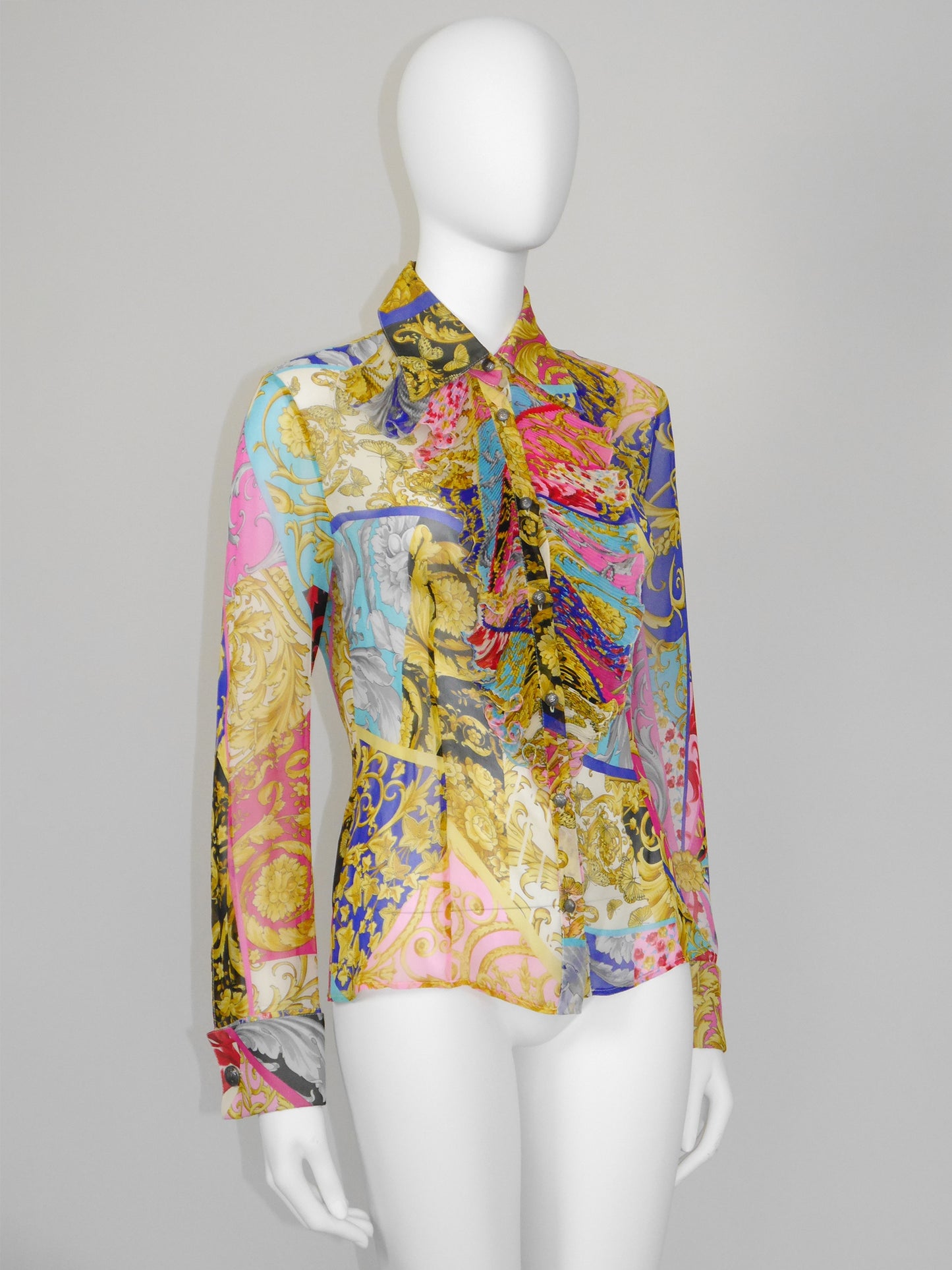 GIANNI VERSACE Couture 2000s Vintage Ruffled Baroque & Floral Silk Blouse Size S-M