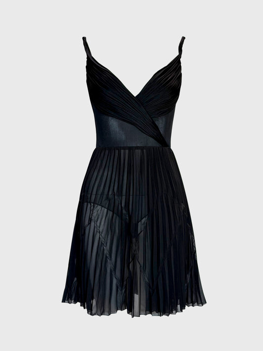 GIANNI VERSACE c. 2001 Vintage Black Draped & Pleated Mini Dress Size S