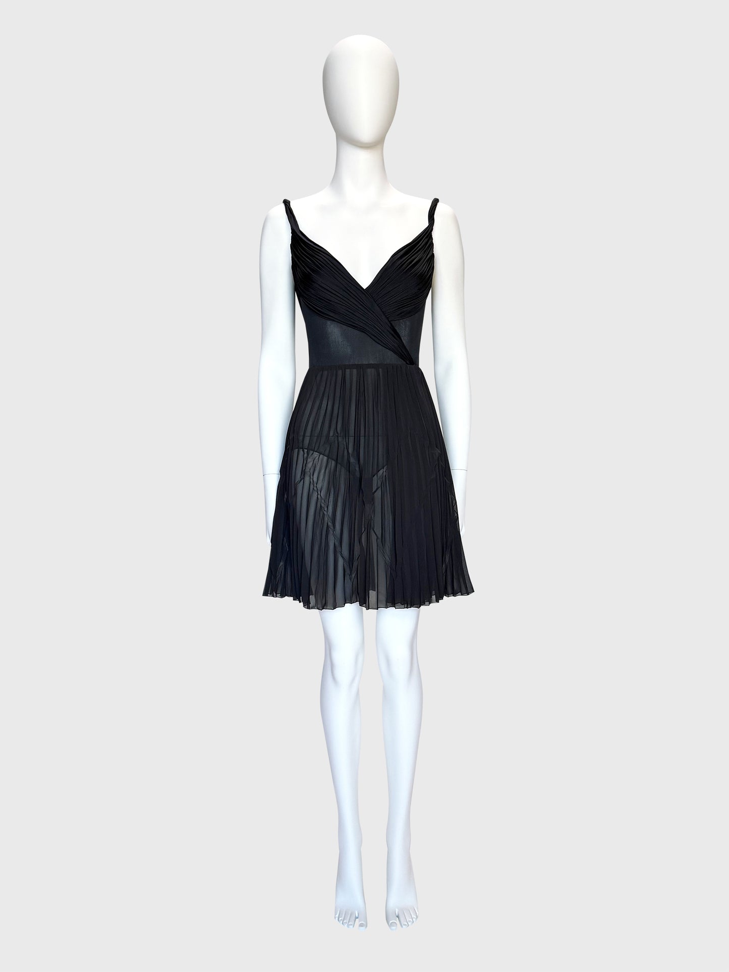 GIANNI VERSACE c. 2001 Vintage Black Draped & Pleated Mini Dress Size S