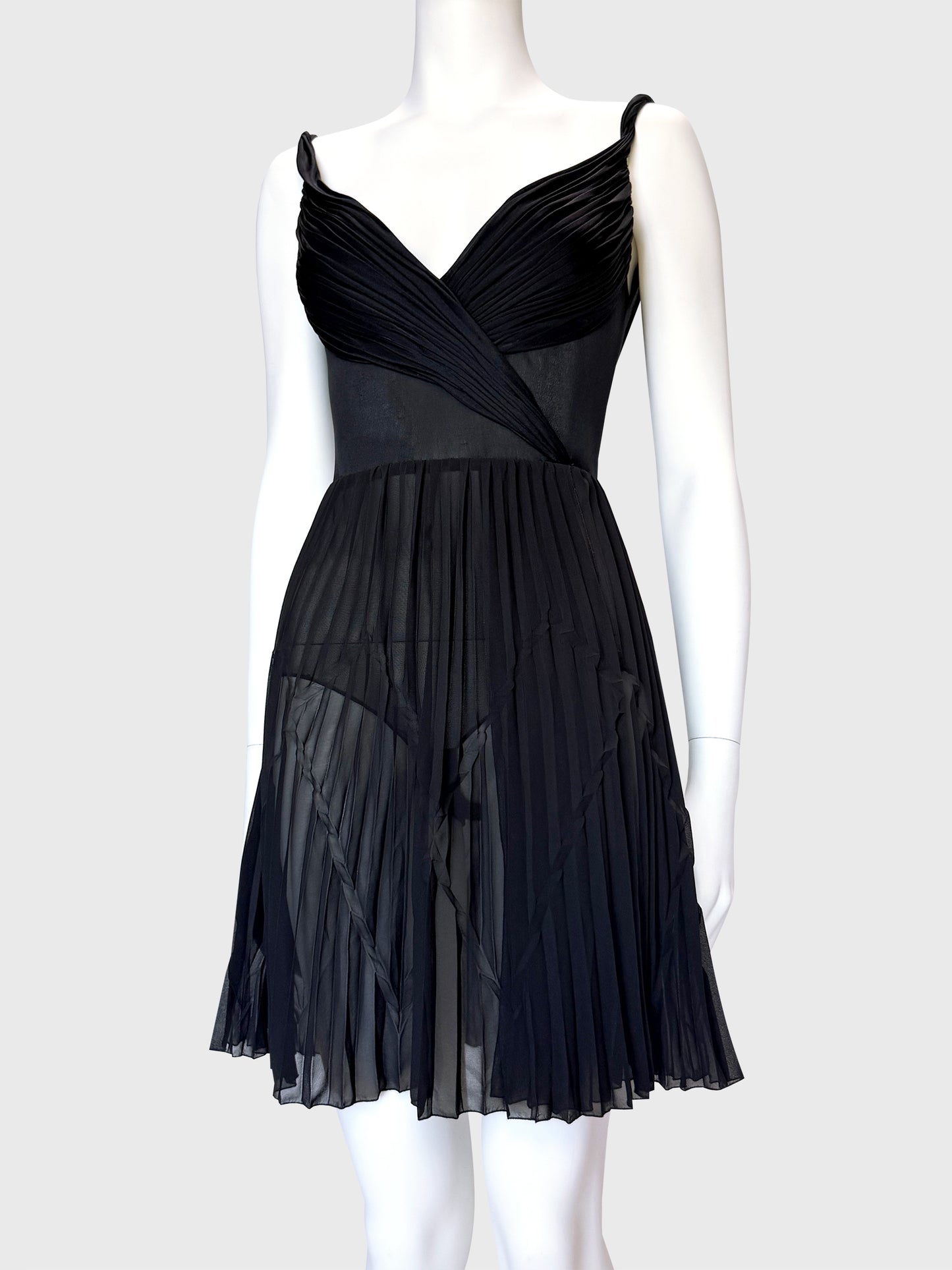 GIANNI VERSACE c. 2001 Vintage Black Draped & Pleated Mini Dress Size S