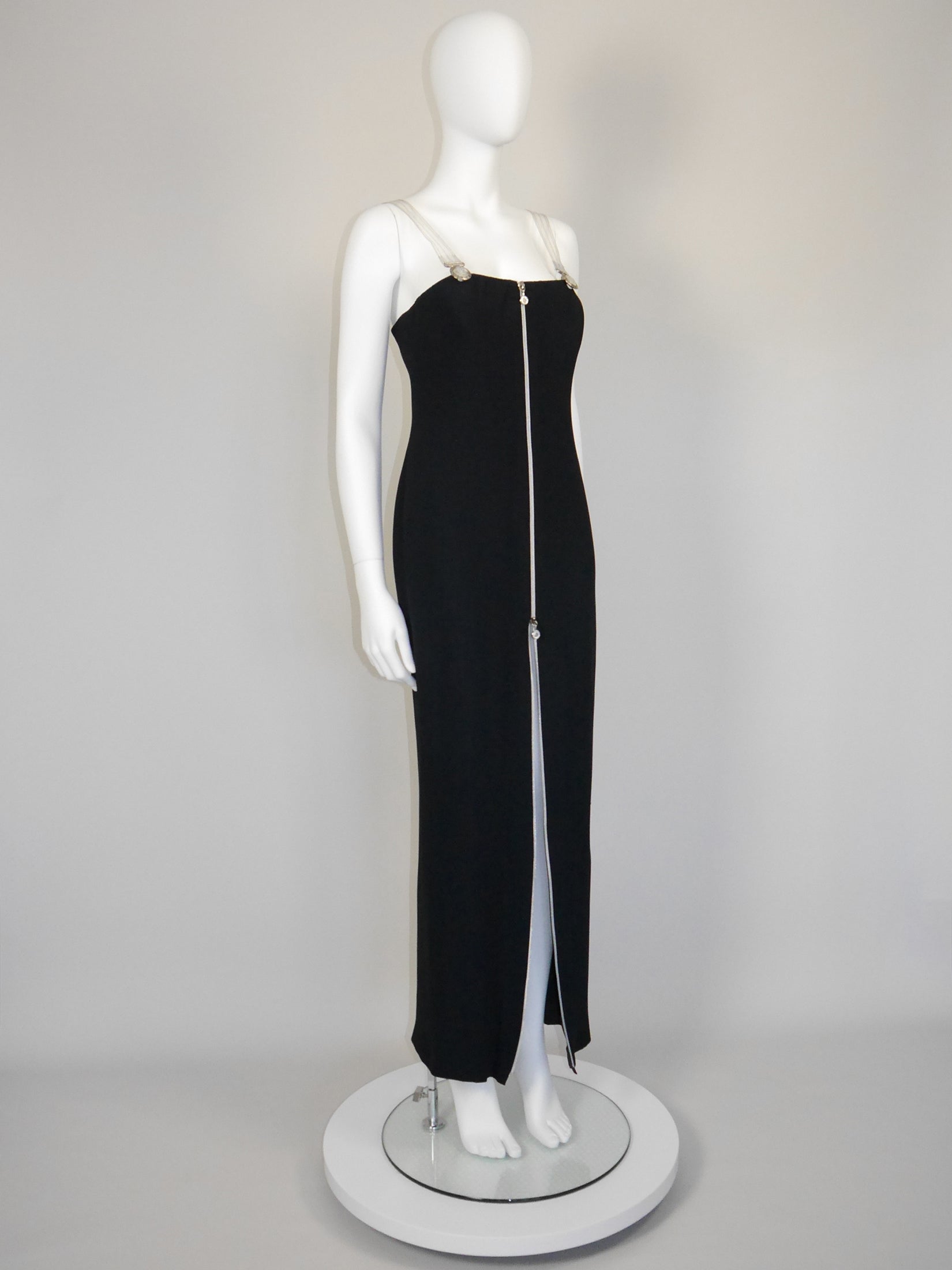 GIANNI VERSACE Fall 1995 Vintage Zippered Maxi Evening Gown w/ Vinyl Medusa  Straps Size M