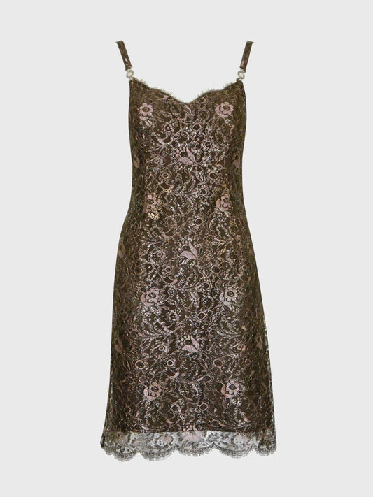 GIANNI VERSACE Fall 1996 Vintage Metallic Brown Lace Evening Mini Dress w/ Medusa Straps Size XS