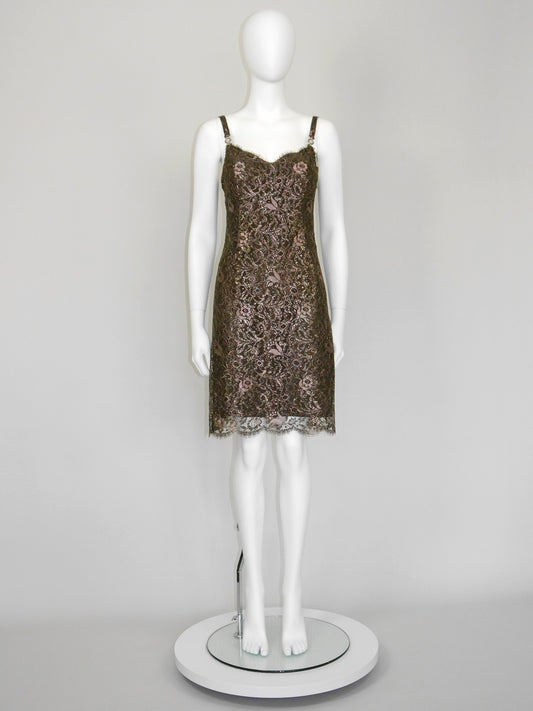 GIANNI VERSACE 1996 Vintage Metallic Brown Lace Evening Mini Dress w/ Medusa Straps Size XS