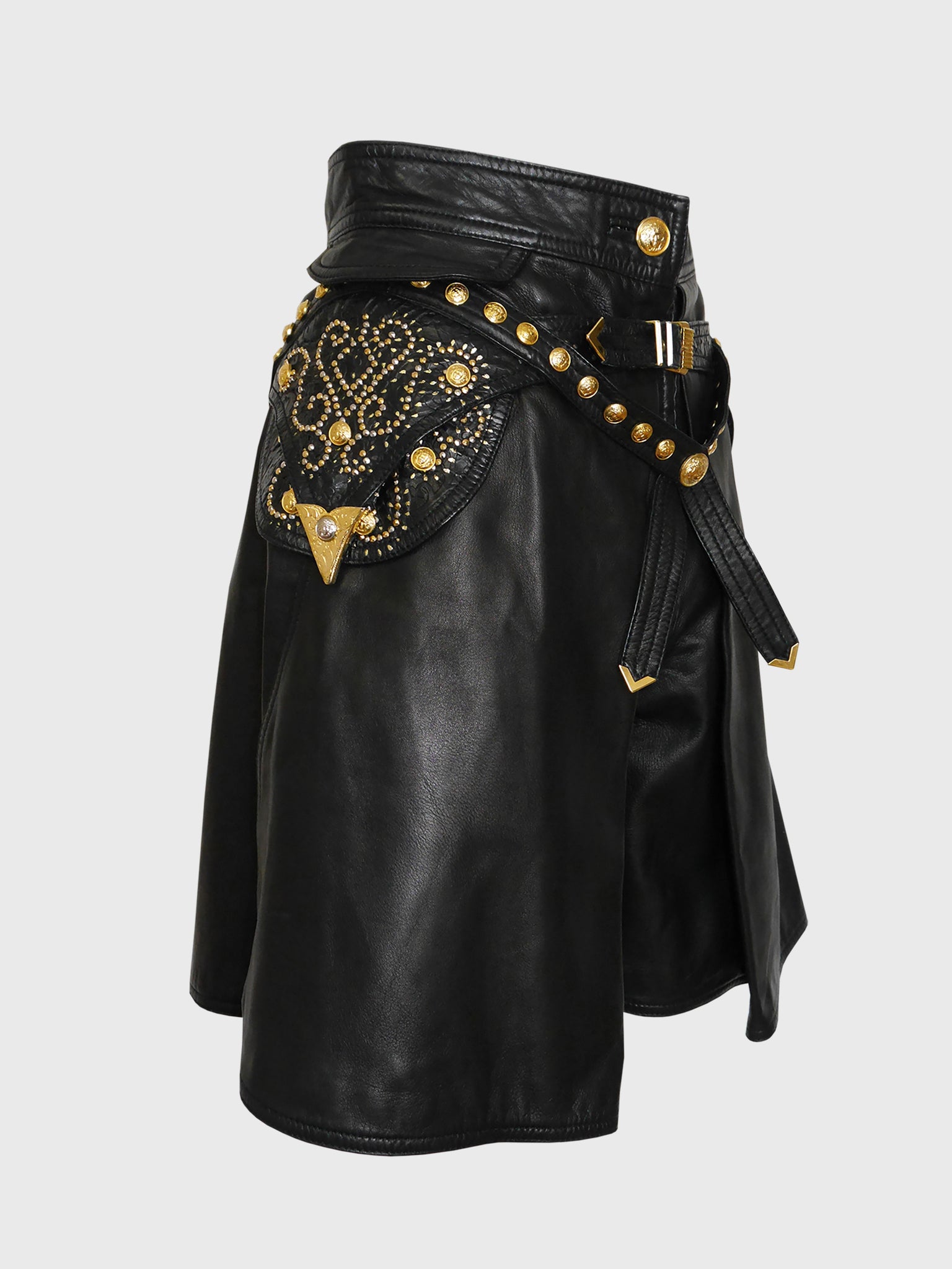 GIANNI VERSACE Couture Fall 1992 Vintage Studded Tooled Leather Bondage Gladiator Shorts