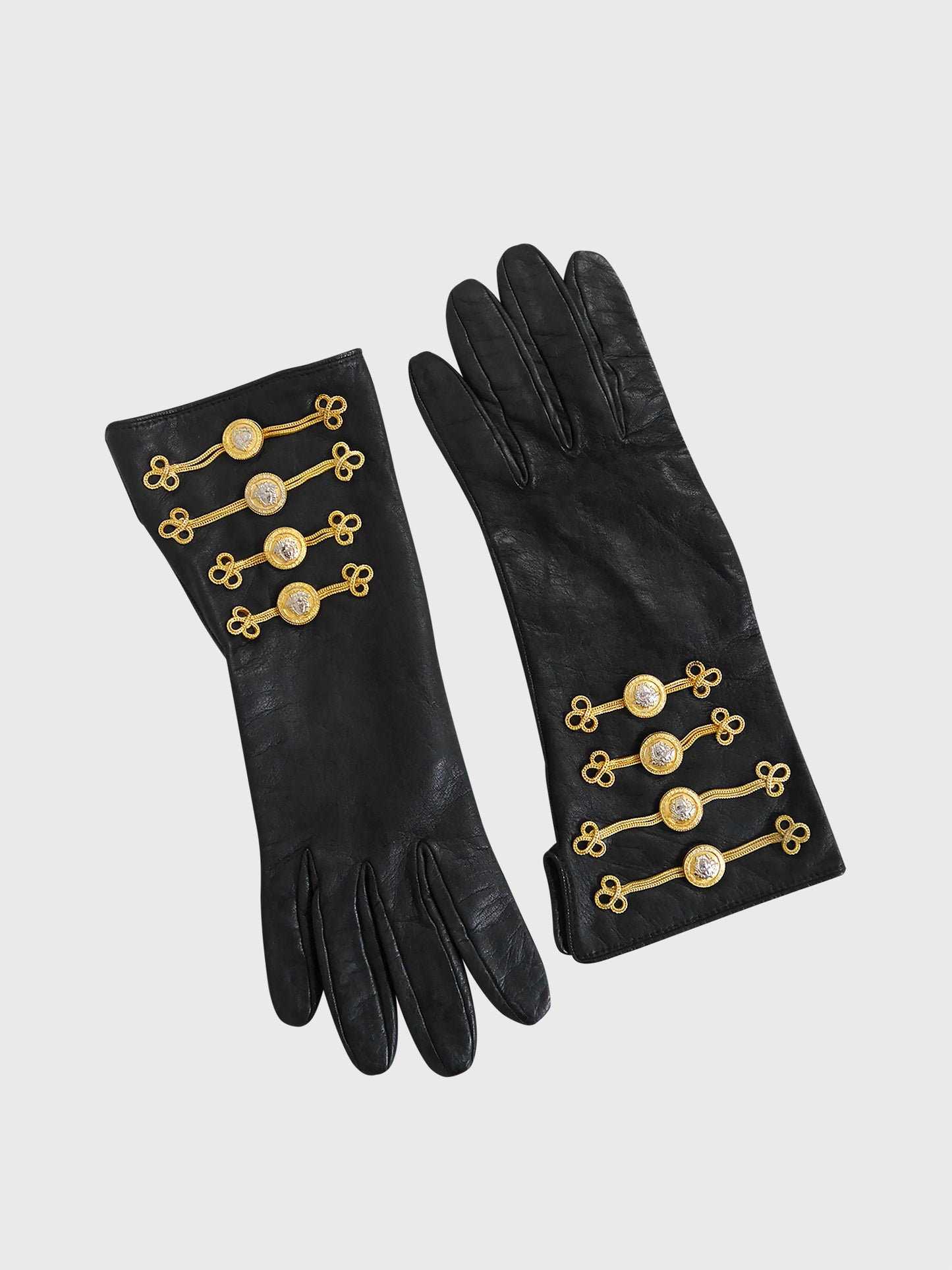 GIANNI VERSACE Fall 1993 Vintage Black Leather Gloves w/ Chain & Medusa Head Embellishments Size L