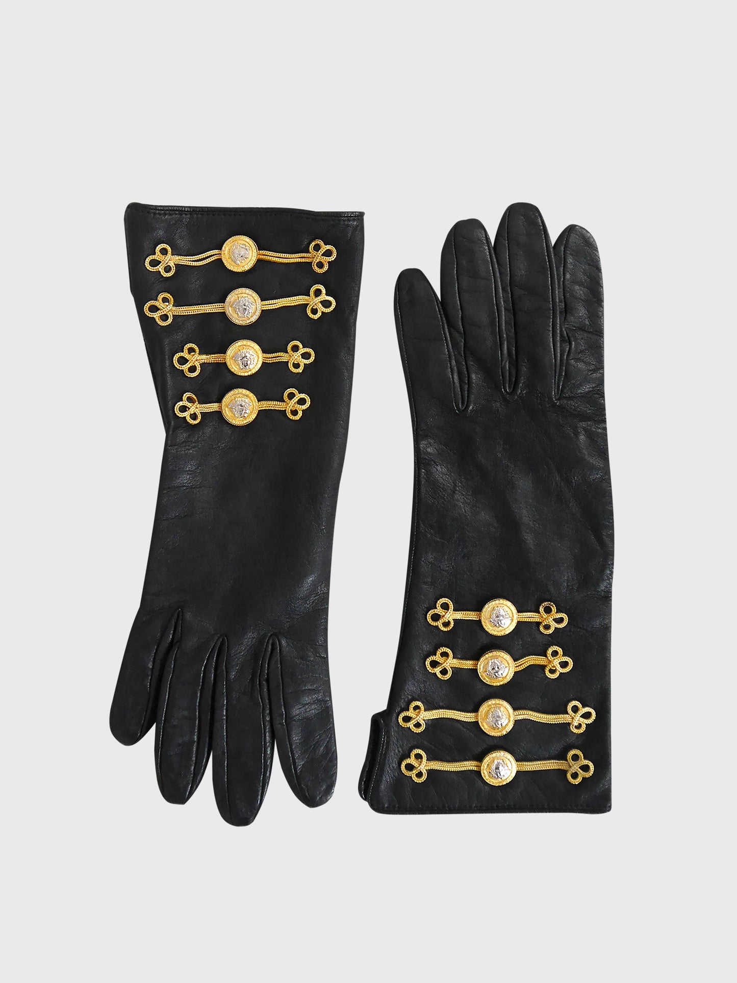 GIANNI VERSACE Fall 1993 Vintage Black Leather Gloves w/ Chain & Medusa Head Embellishments Size L