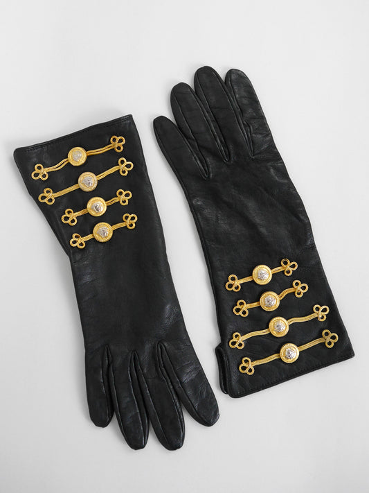 GIANNI VERSACE Fall 1993 Vintage Black Leather Gloves w/ Chain & Medusa Head Embellishments Size L