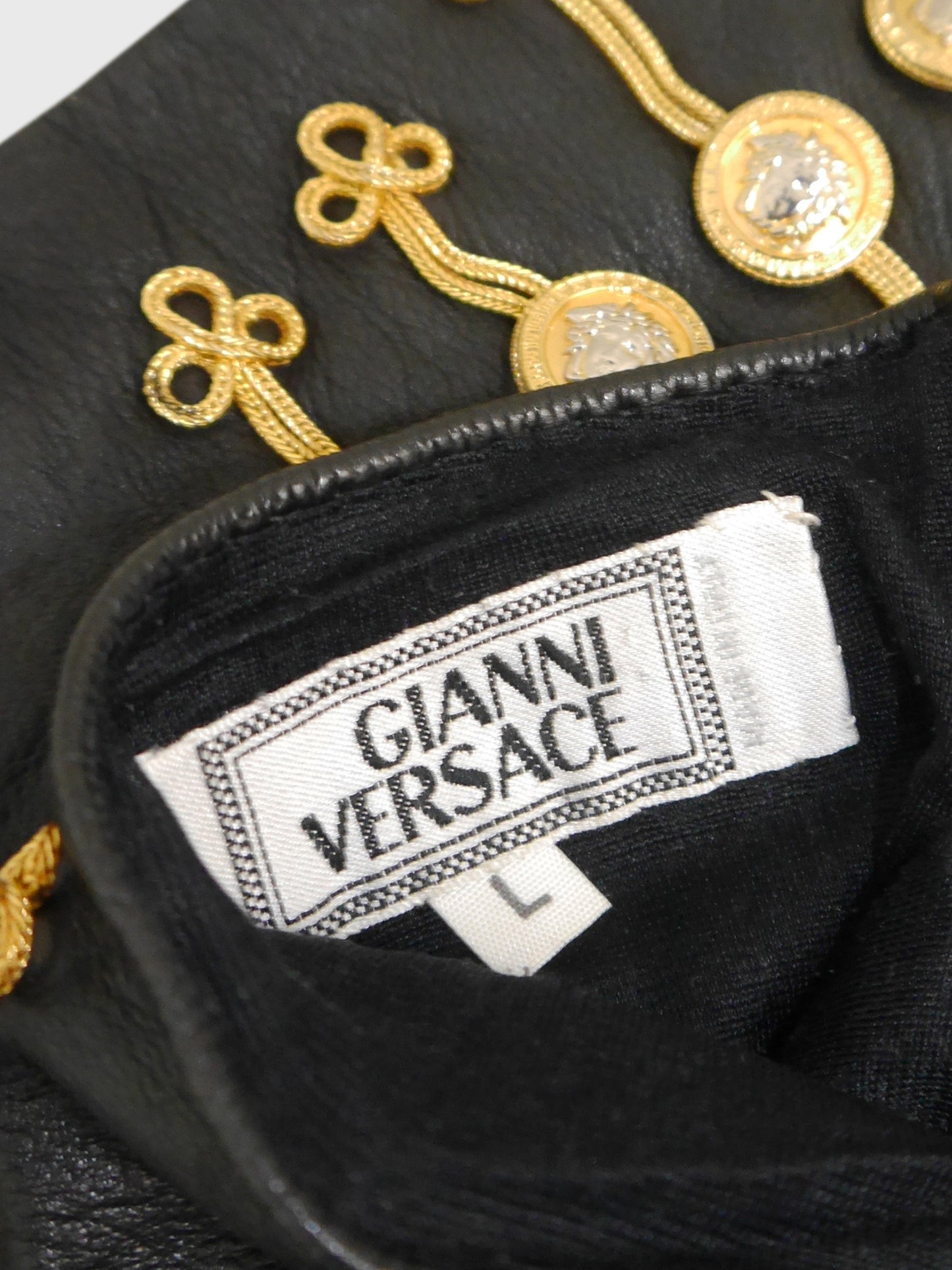 GIANNI VERSACE Fall 1993 Vintage Black Leather Gloves w/ Chain & Medusa Head Embellishments Size L