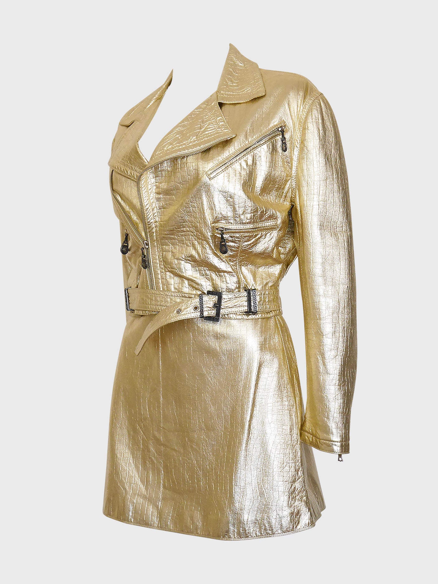 GIANNI VERSACE Fall 1994 Vintage Metallic Gold Leather Biker Jacket & Skirt Suit