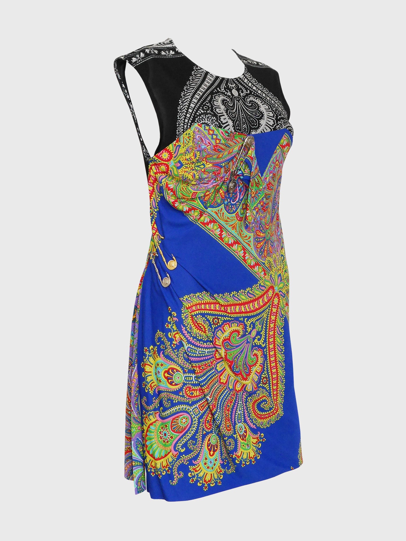 GIANNI VERSACE Couture Spring 1994 Safety Pin Paisley Print Mini Dress Size M