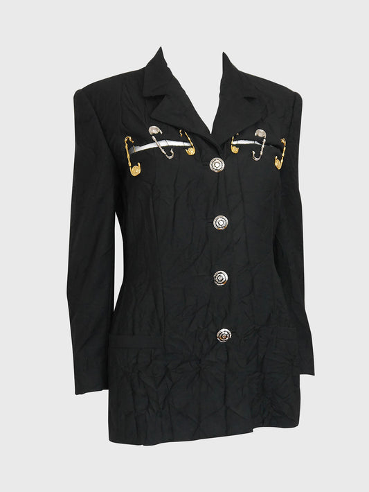 GIANNI VERSACE Couture Spring 1994 Vintage Black Crinkled Safety Pin Jacket