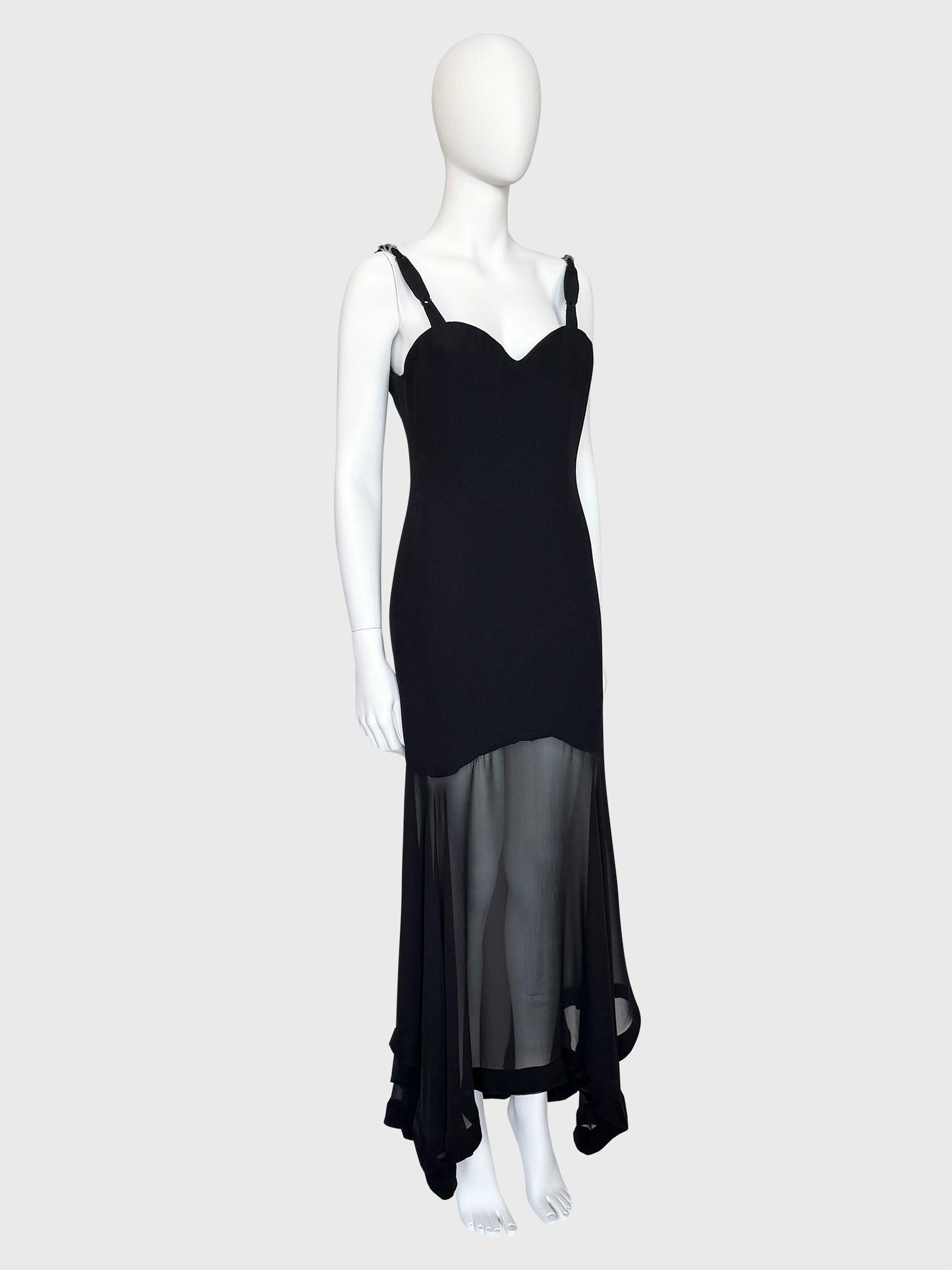 GIANNI VERSACE Spring 1995 Vintage Black Evening Gown w/ Meander Ring Straps Size S