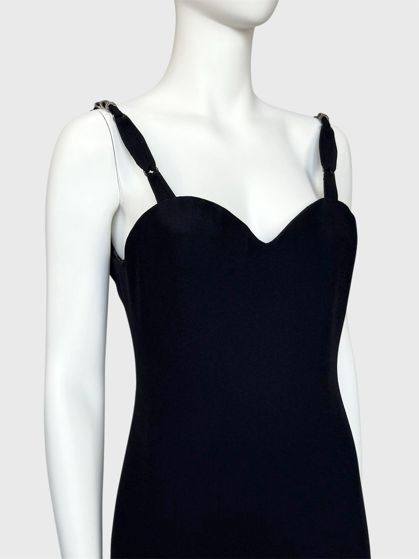 GIANNI VERSACE Spring 1995 Vintage Black Evening Gown w/ Meander Ring Straps Size S