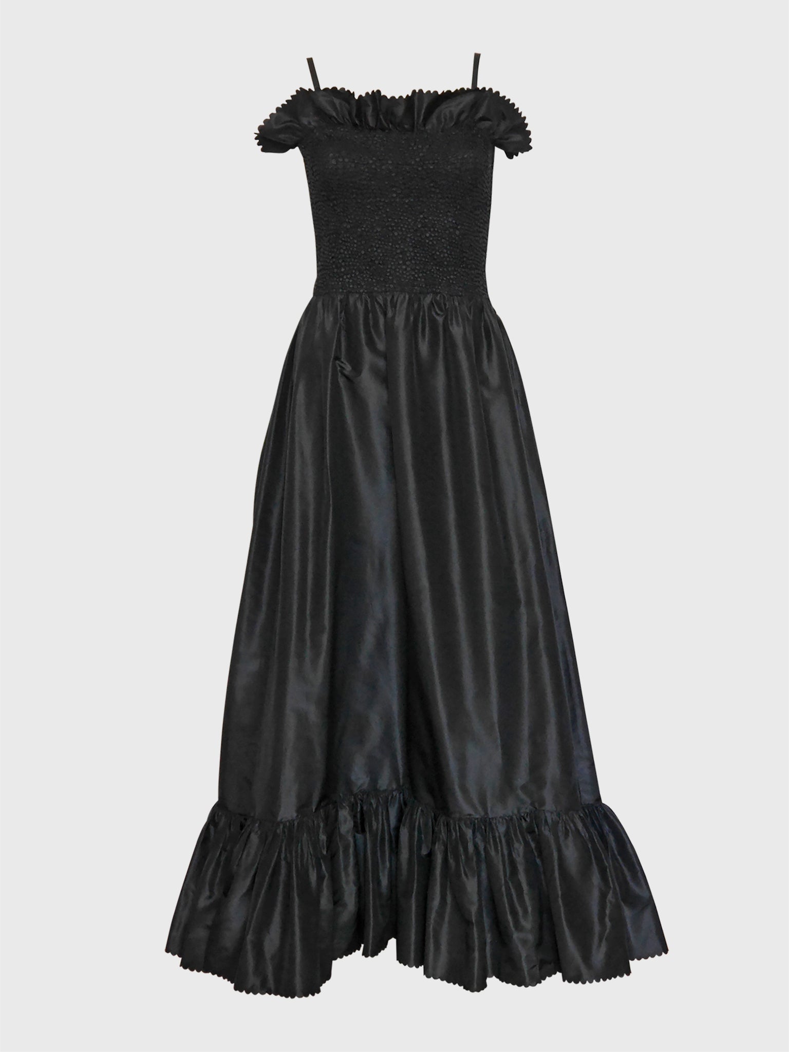 GIVENCHY 1970s 1980s Vintage Black Silk Taffeta Ruffled Maxi Evening Dress