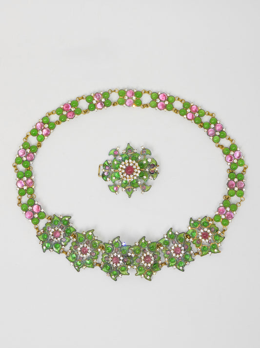 MAISON GRIPOIX Att. Vintage Pâte de Verre Poured Glass & Rhinestones Floral Belt