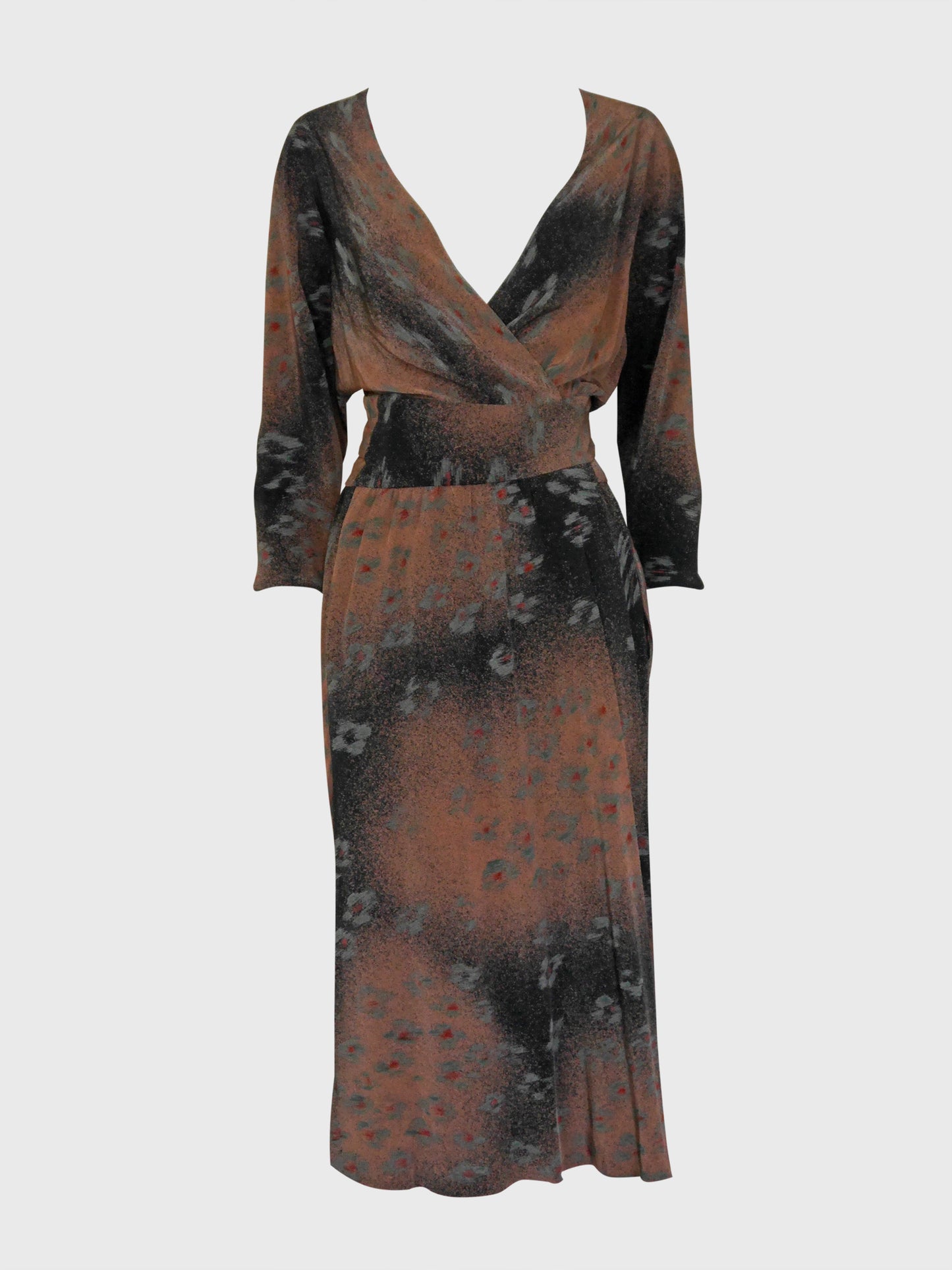 HALSTON 1970s 1980s Vintage Printed Silk Wrap Day Dress