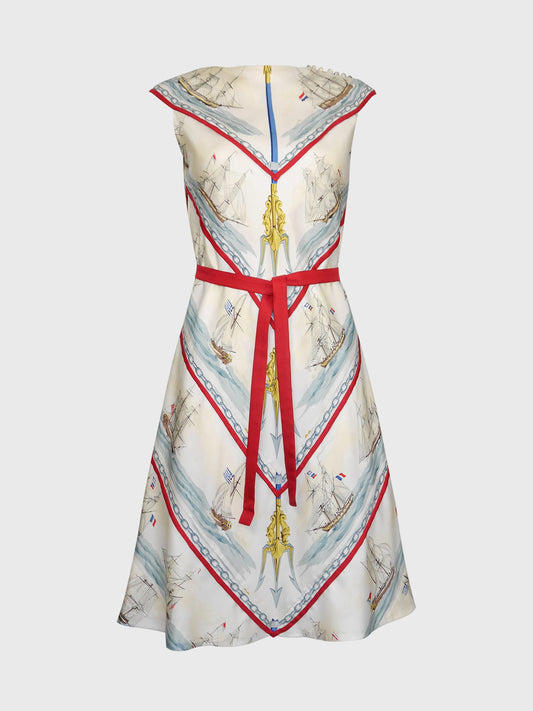 HERMÈS c. 1957 Vintage Silk Day Dress "La Marine en Bois" by Hugo Grygkar