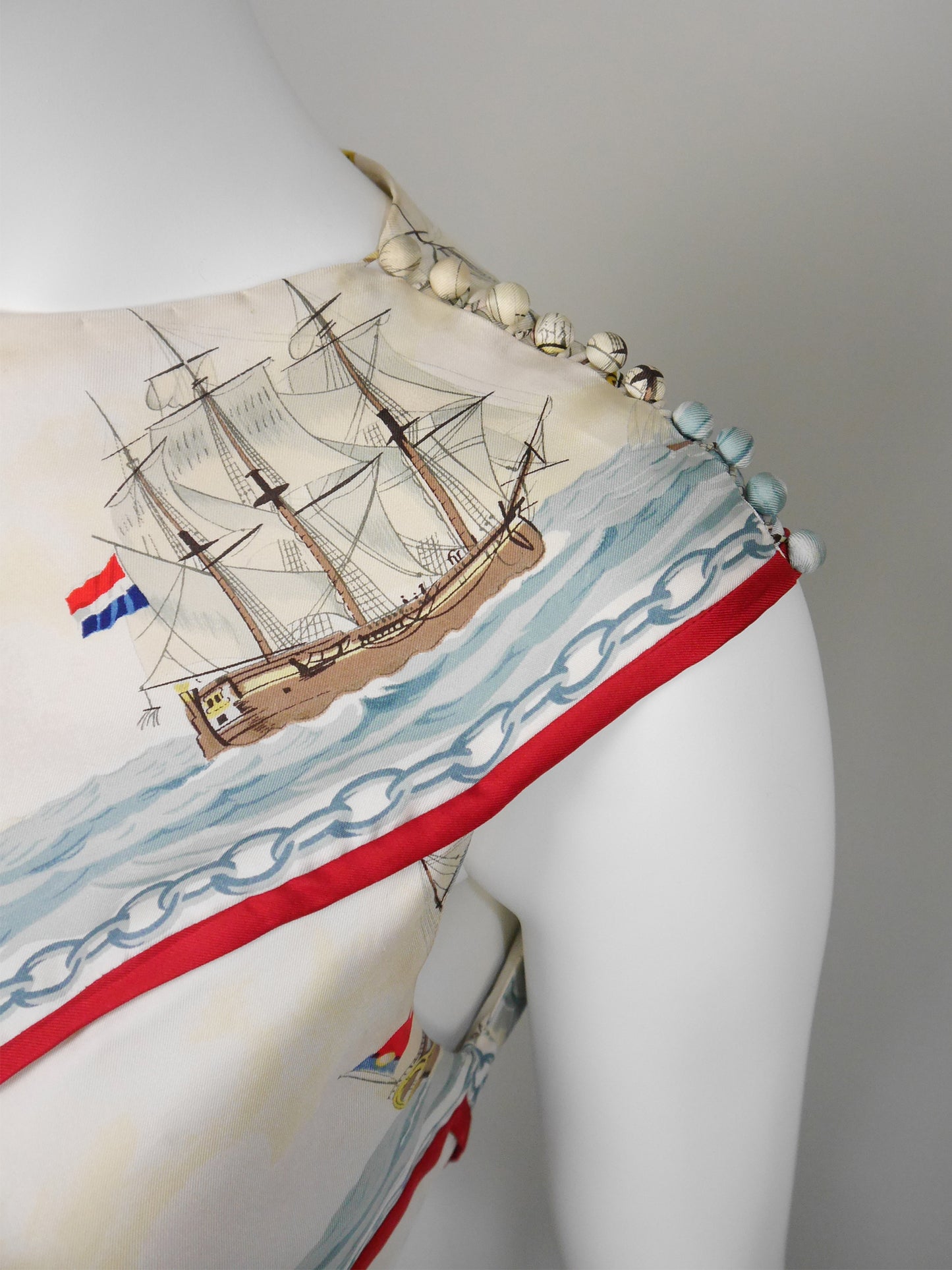HERMÈS c. 1957 Vintage Silk Day Dress "La Marine en Bois" by Hugo Grygkar