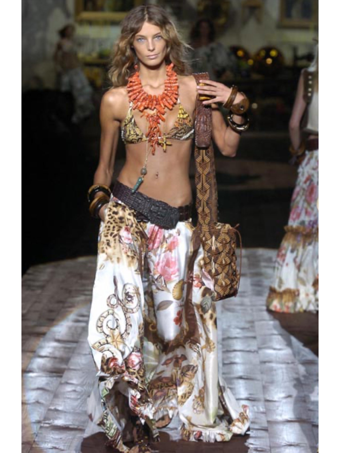 ROBERTO CAVALLI Vintage Spring 2005 Ruffled Floral Silk Maxi Skirt Size S