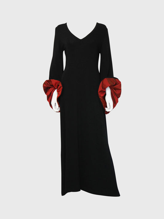 JEAN PAUL GAULTIER 1990s Vintage Bell Sleeve Black Jersey Maxi Evening Dress