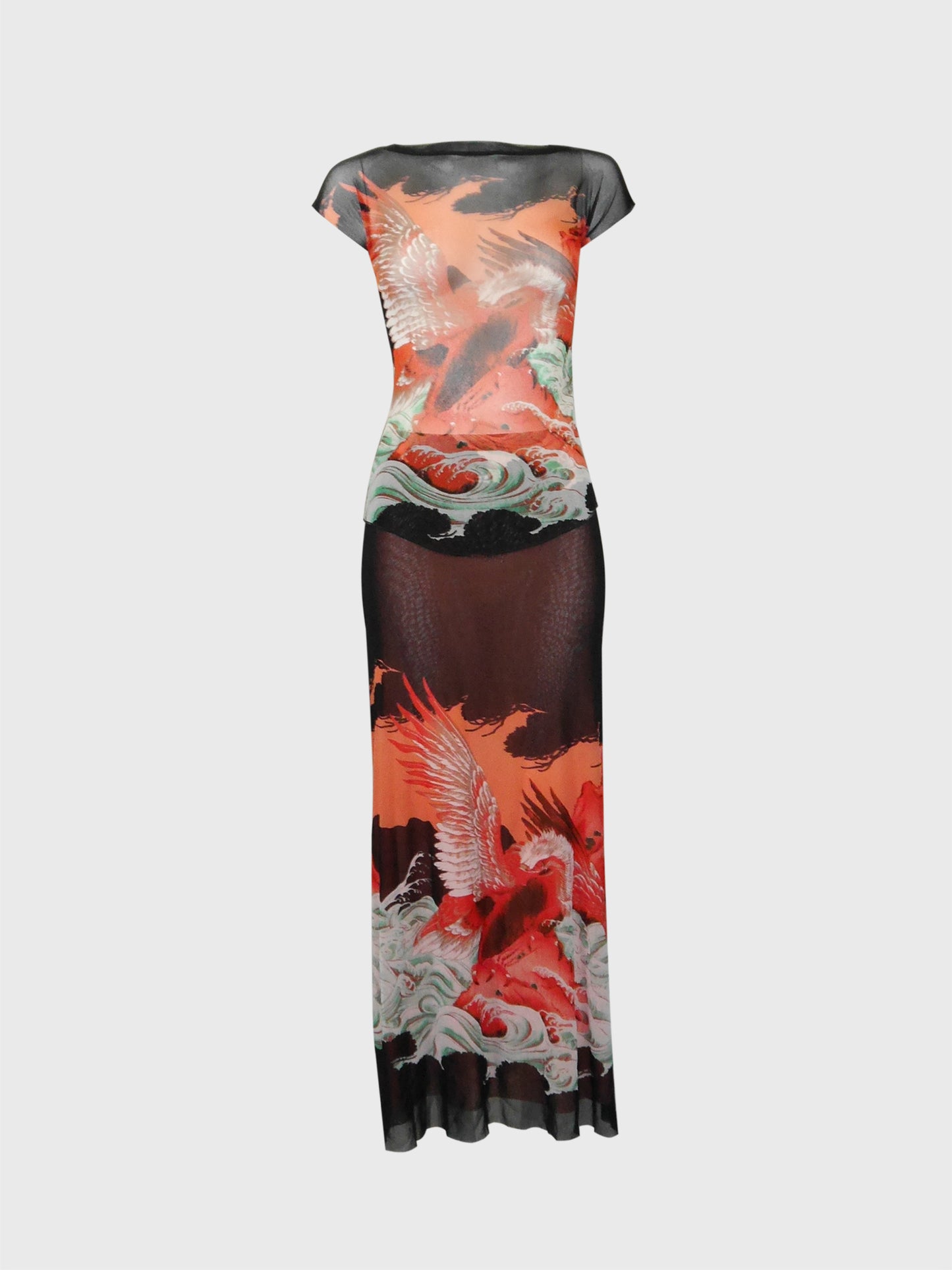 JEAN PAUL GAULTIER 1990s Vintage Mesh Shirt & Maxi Skirt Ensemble Dragon Eagle Print