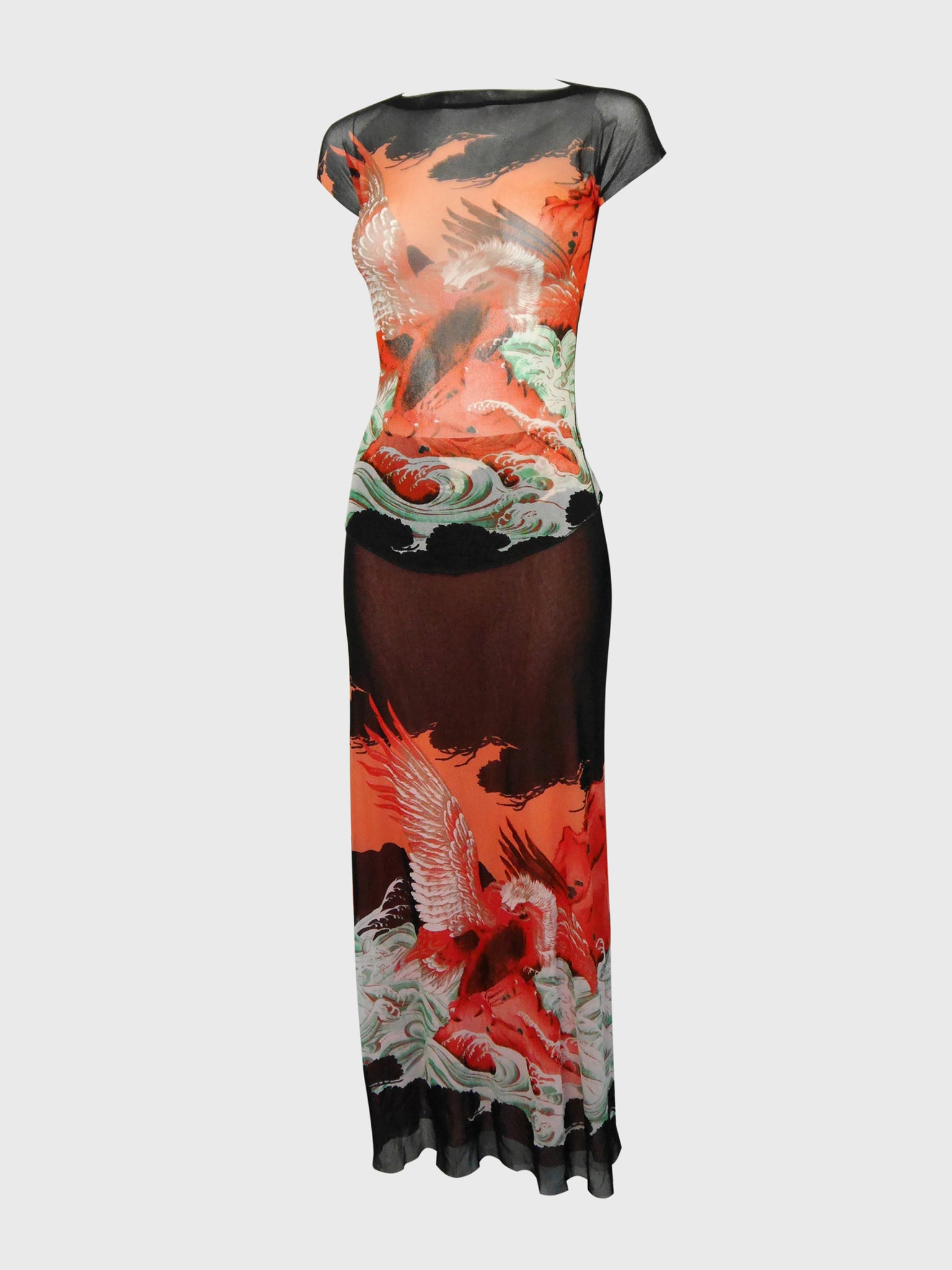 JEAN PAUL GAULTIER 1990s Vintage Mesh Shirt & Maxi Skirt Ensemble Dragon Eagle Print Size S