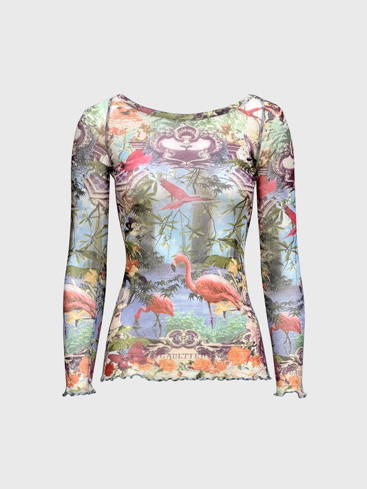 JEAN PAUL GAULTIER 1990s Vintage Flamingo Print Mesh Shirt Top Size M