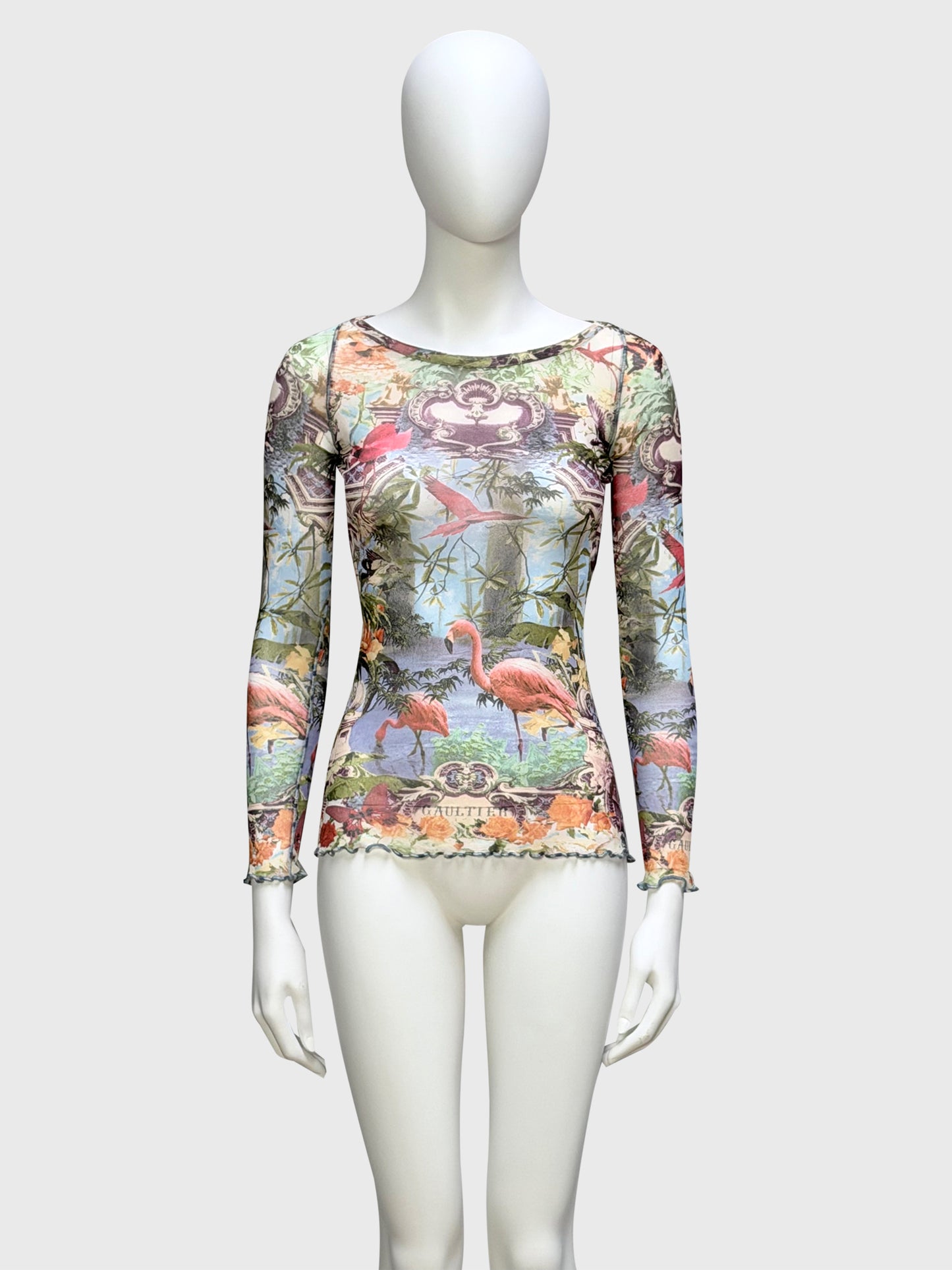 JEAN PAUL GAULTIER 1990s Vintage Flamingo Print Mesh Shirt Top Size M
