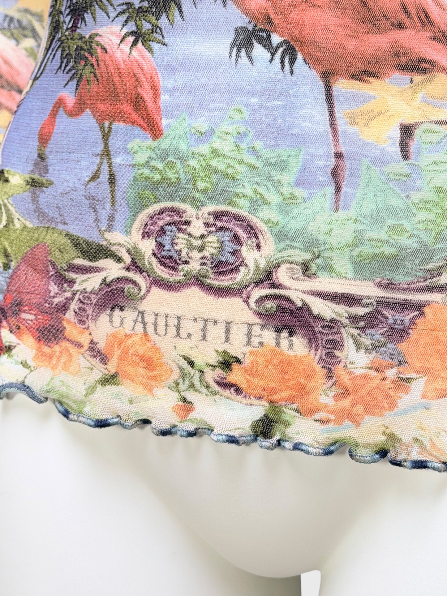 JEAN PAUL GAULTIER 1990s Vintage Flamingo Print Mesh Shirt Top Size M