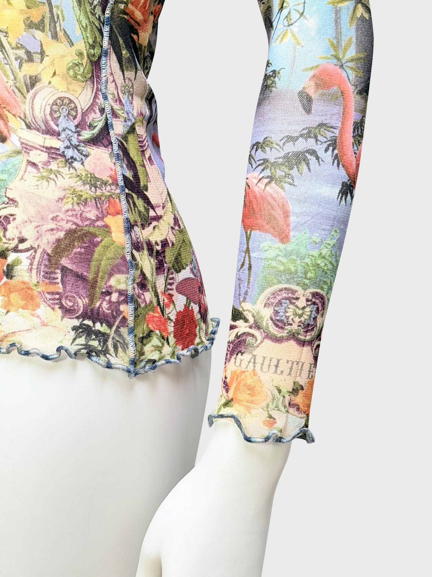 JEAN PAUL GAULTIER 1990s Vintage Flamingo Print Mesh Shirt Top Size M