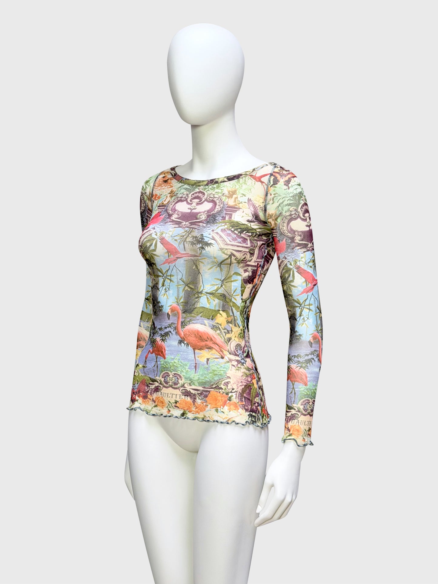 JEAN PAUL GAULTIER 1990s Vintage Flamingo Print Mesh Shirt Top Size M