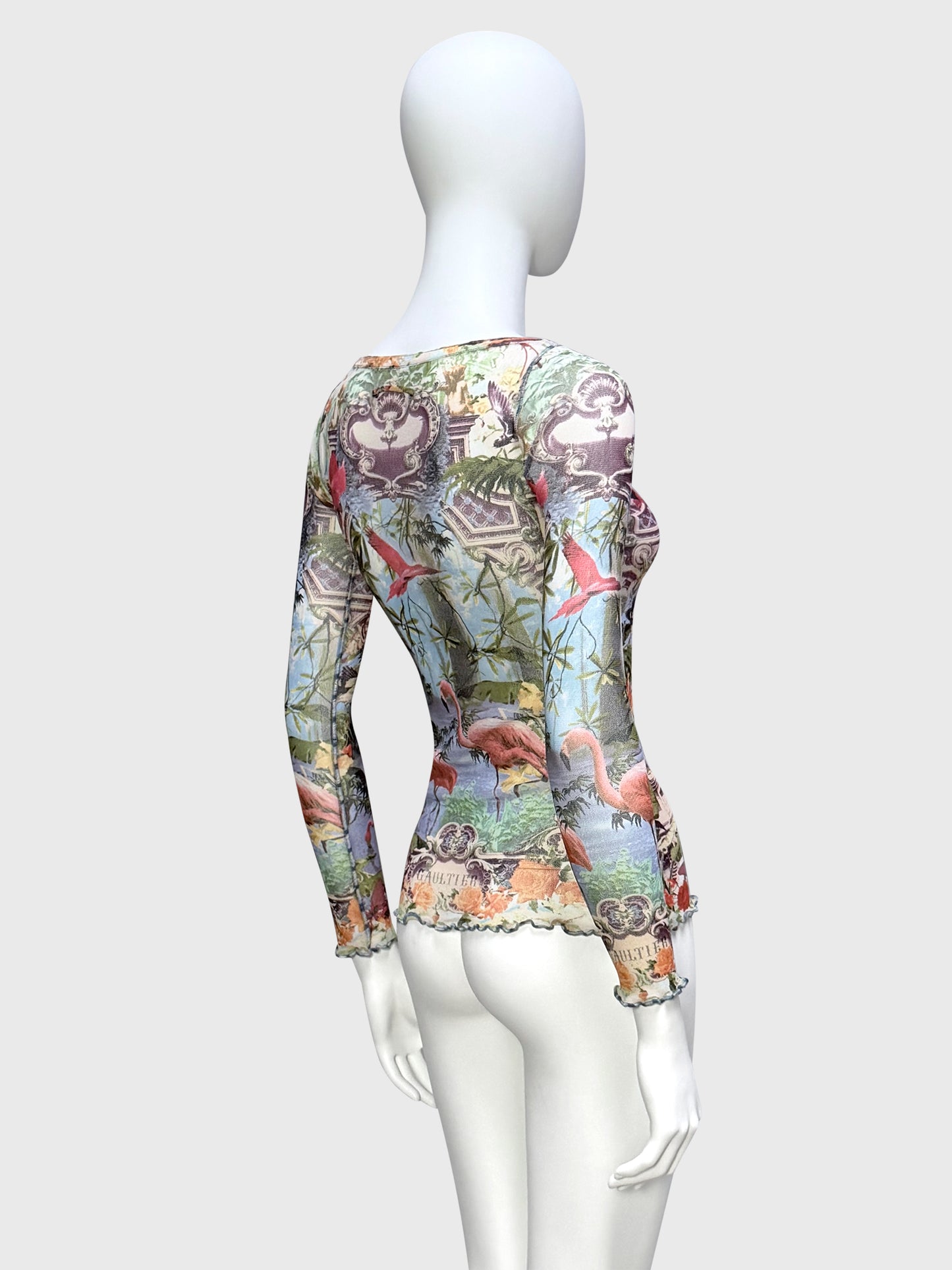 JEAN PAUL GAULTIER 1990s Vintage Flamingo Print Mesh Shirt Top Size M