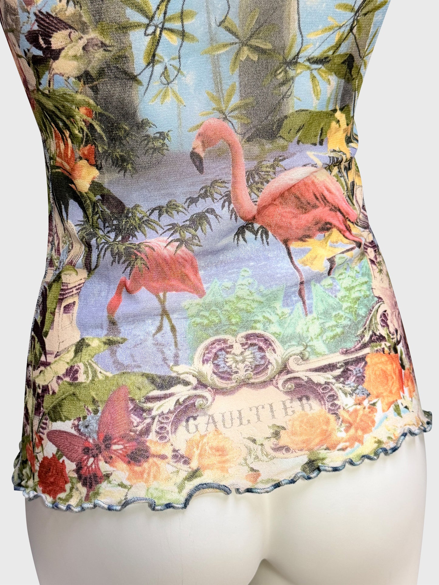 JEAN PAUL GAULTIER 1990s Vintage Flamingo Print Mesh Shirt Top Size M