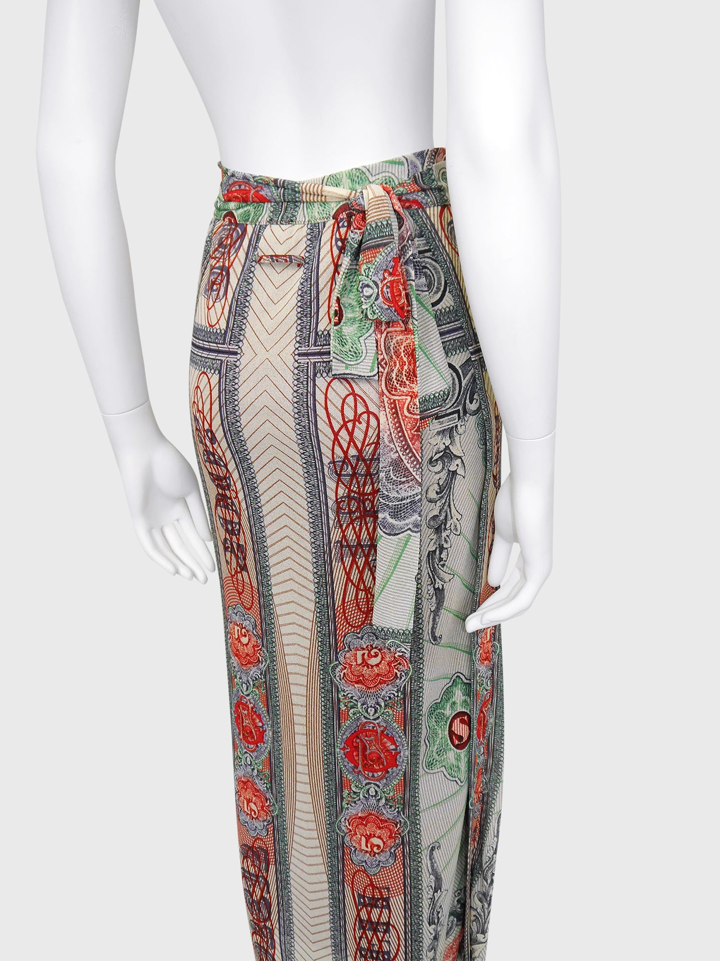 JEAN PAUL GAULTIER c. Spring 1994 Vintage Money Print Maxi Skirt Pareo Size XS-S