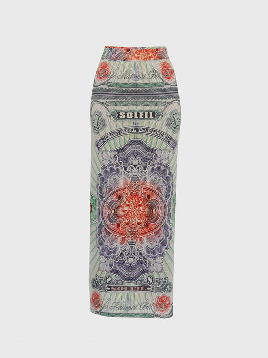 JEAN PAUL GAULTIER 1990s Vintage Money Bank Note Print Maxi Skirt Pareo Size XS-S
