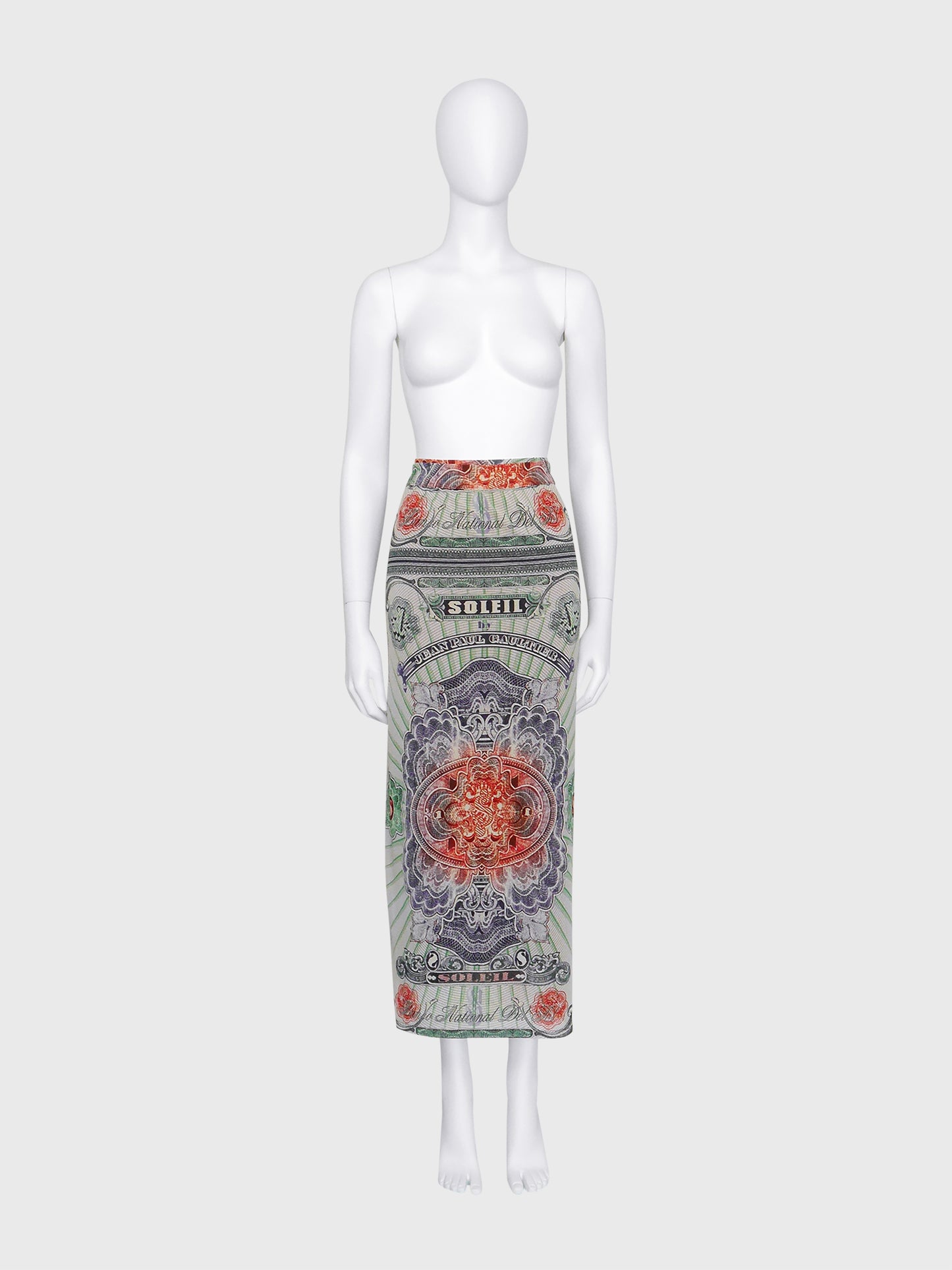 JEAN PAUL GAULTIER c. Spring 1994 Vintage Money Print Maxi Skirt Pareo Size XS-S